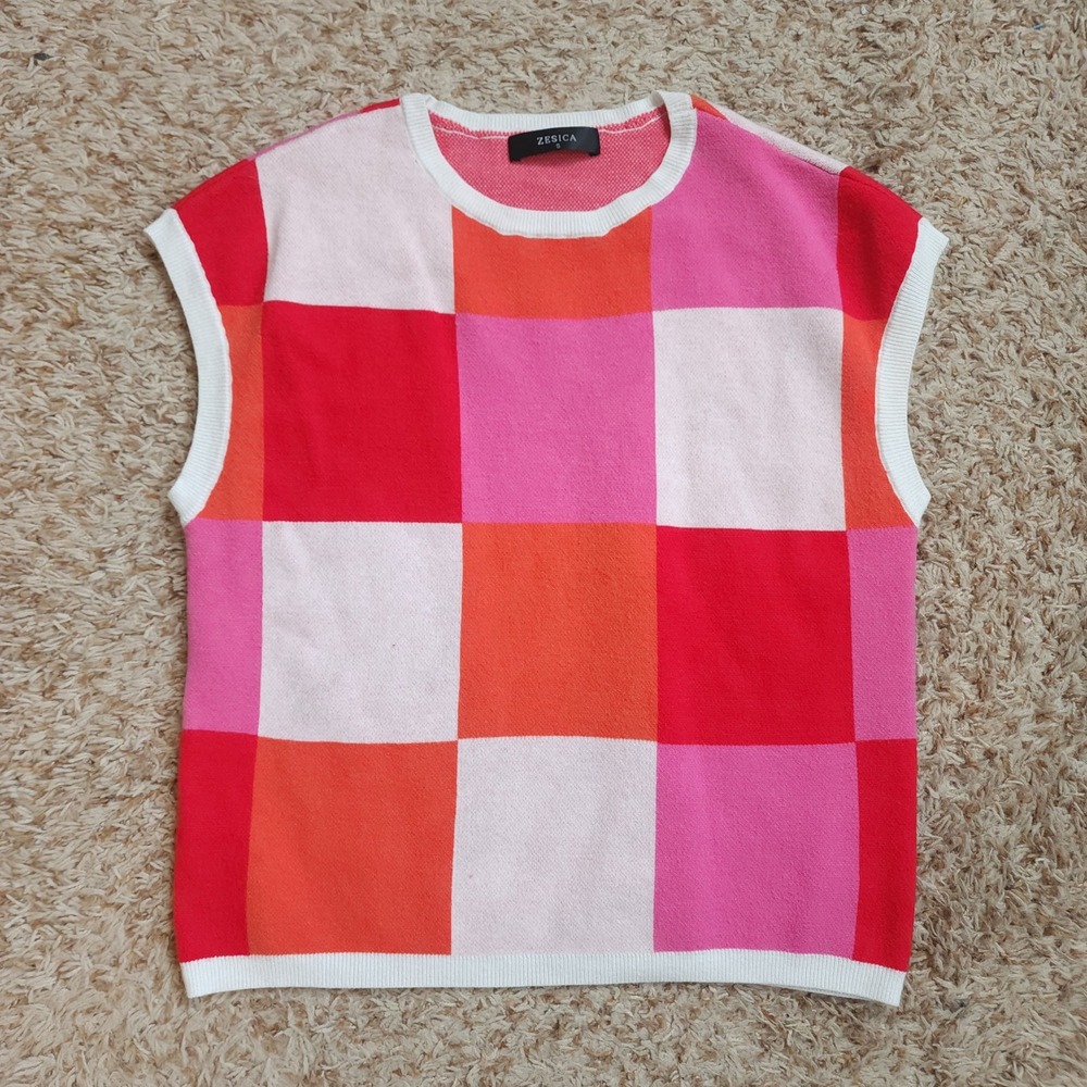 ZESICA Sweater Vest Kids Small Pink Red Checkerboard Colorblock Knit Crew Neck